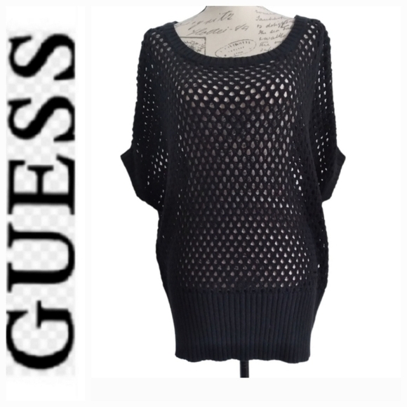 G by Guess | Black Open Crochet Knit  Drop  Shoulder Tunic Sweater Top - Picture 1 of 10